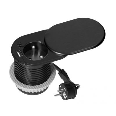 Gniazdo meblowe Ø6cm wpuszczane w blat z przesuwną pokrywką ładowarką USB i przewodem 1,9m, 1x2P+Z  OR-GM-9042/B ORNO (OR-GM-9042/B)